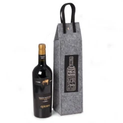 Wines Of The World Felt Wine Tote With Black Leather Accents - Gray