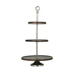 14" X 14" X 25" Three-Tier Mango Wood Server With Aluminum Base - Dark Brown/Silver