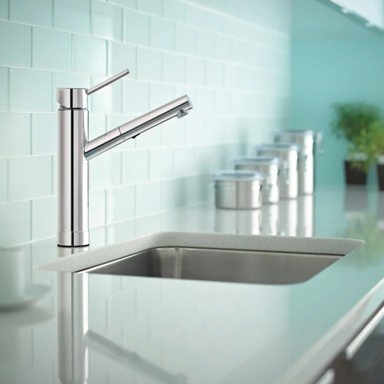 Moen Tilt Single Handle Low Arc Pull Out Kitchen Faucet - Image 2