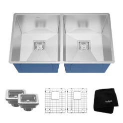 Pax Zero-Radius 31.5" 50/50 Double Bowl SS Undermount Kitchen Sink With NoiseDefend