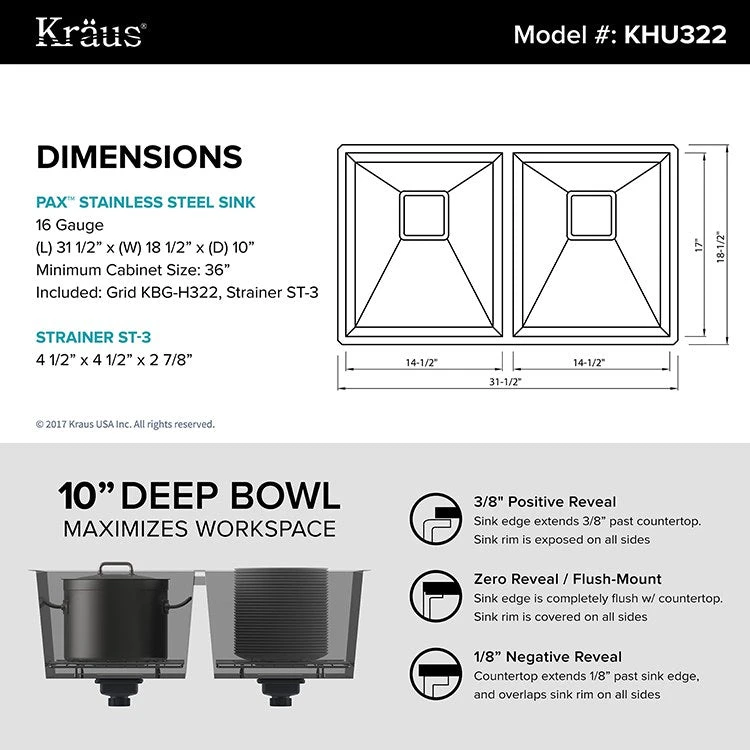Pax Zero-Radius 31.5" 50/50 Double Bowl SS Undermount Kitchen Sink With NoiseDefend - Image 5
