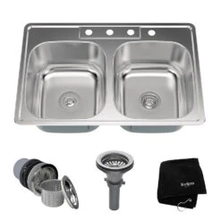 33" 50/50 Double Bowl Stainless Steel Drop-In Kitchen Sink With NoiseDefend