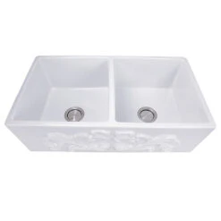 Vineyard 33" Double Bowl Fireclay Farmhouse Kitchen Sink With Filigree Apron