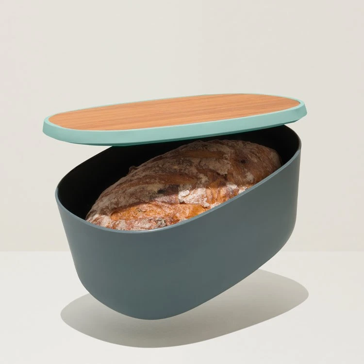 BergHOFF Leo 12.5" Bamboo Bread Box With Cutting Board Grey And Mint - Image 2