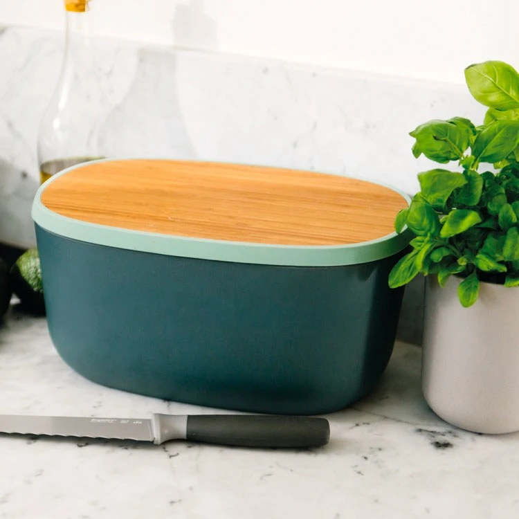 BergHOFF Leo 12.5" Bamboo Bread Box With Cutting Board Grey And Mint - Image 5