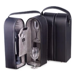 Leather Wine Caddy With Two Glasses And Bar Tool - Black
