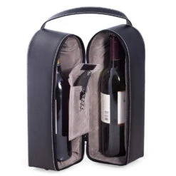 Leather Two-Bottle Wine Caddy With Corkscrew Bottle Cap Opener And Foil Cutter - Black