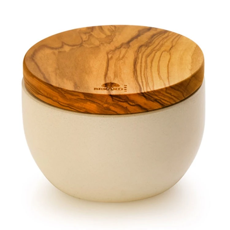 Round Ceramic Salt Keeper With Olive Wood Lid