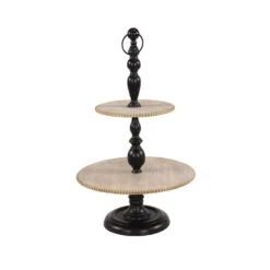 Black Iron And Wood Three-Tier Round Serving Tray Stand