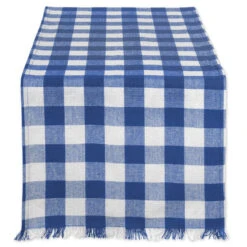 DII Navy Heavyweight Check Fringed 108" X 14" Table Runner