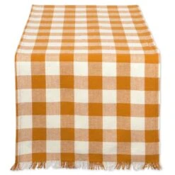DII Pumpkin Spice Heavyweight Check Fringed 108" X 14" Table Runner