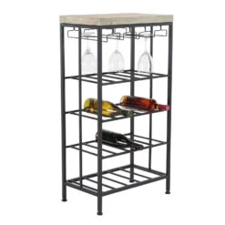 Four-Tier Metal Freestanding Wine Rack With Wood Top - Black
