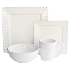 Bianca Bead White Square 16-Piece Dinnerware Set