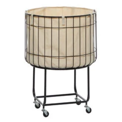 19.25" X 25.75" Black Metal Round Rolling Laundry Cart With Canvas Liner