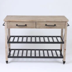 Two Drawer Wood Kitchen Cart With Metal Rack Open Storage