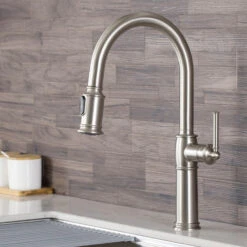 Sellette Traditional Single Handle Pull Down Kitchen Faucet With Soap Dispenser And Deck Plate
