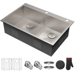 Pax 33" X 22" Pax Double Bowl 16-Gauge Stainless Steel Zero-Radius Drop-In Kitchen Sink With Two Holes