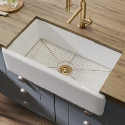 Turino Reversible 33" Single Bow Fireclay Flat Apron-Front L Kitchen Sink With Bottom Grid